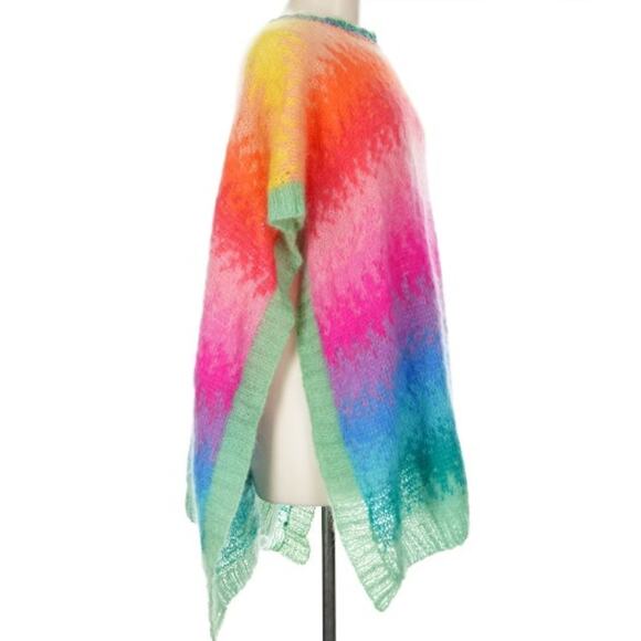 Rose Carmine Mohair Wool Sweater Poncho OS Tie Dye Rainbow Fall Winter - Picture 2 of 8